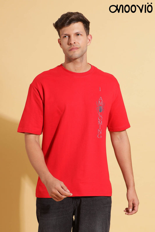 Men's Red color WARNING Printed Premium Oversize Tee