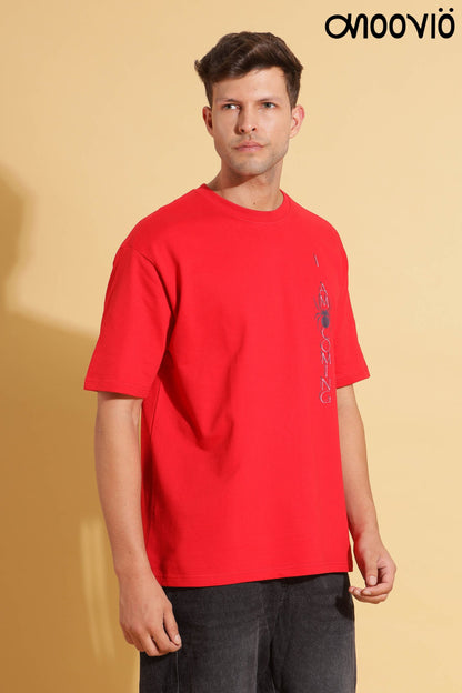 Men's Red color WARNING Printed Premium Oversize Tee