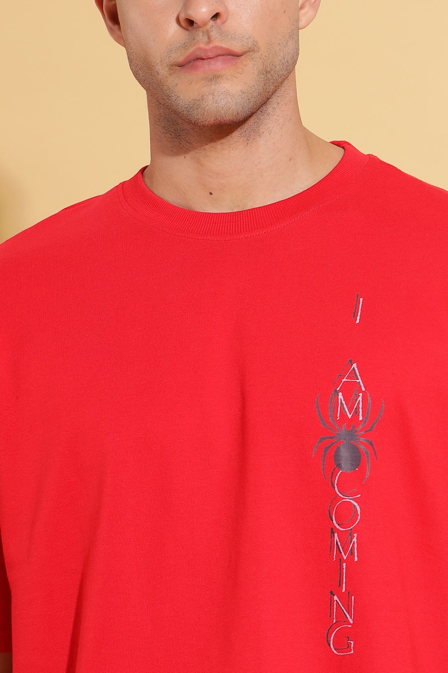Men's Red color WARNING Printed Premium Oversize Tee