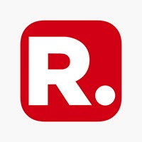 Logo with a red square and white letter 'R' on a white background